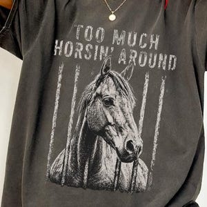 以下が含まれることがあります： 「TOO MUCH HORSIN' AROUND」の文字と馬の頭の白黒イラストがプリントされた濃いグレーのTシャツ。馬のグラフィックを囲むように白い縦線が入っています。ヴィンテージ感のあるTシャツです。