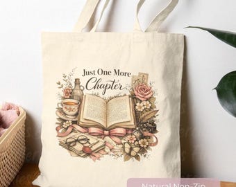 Just One More Chapter Tote Bag, Book Lover Tote, Reader Gift, Bookish Canvas Bag, Zipper Tote, Book Club Gift, Library Bag, Literary Tote