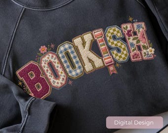 Bookish Faux Embroidery Design, Floral Applique Reader PNG (Digital Download)