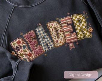 Faux Embroidery Reader PNG, Floral Applique Book Lover Design (Digital Download)