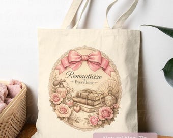 Romanticize Everything Tote Bag, Book Lover Tote, Coquette Bookish Bag, Pink Bow Tote, Reader Gift, Romantic Book Tote, Girly Zip Top Tote