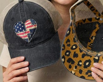 Distressed American Flag Faux Patchwork Heart Hat, Patriotic Women’s Trucker Hat, Ponytail Baseball, July 4th, USA 250th Anniversary, Trendy