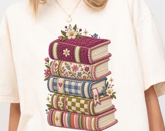 Book Stack Comfort Colors Shirt, Faux Embroidery Book Lover T Shirt, Floral Reader Tee, Bookish Shirt for Women, Stacked Books Graphic