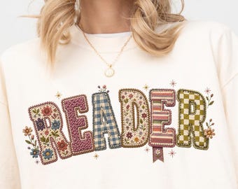 Reader Comfort Colors Shirt, Book Lover T Shirt, Floral Bookish Tee, Faux Embroidery Reading Shirt, Book Club Gift for Reader