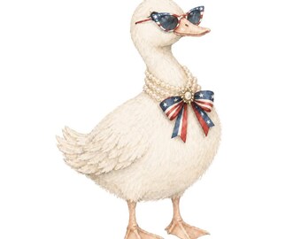 Preppy Patriotic Goose PNG, Coquette Fourth of july Duck, Sublimation Heart Glasses, Watercolor Duck, Red White Blue Girly Design, Digital