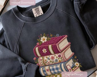 Stacked Books PNG, Faux Embroidery Bookish Design, Floral Reader Graphic (Digital Download)