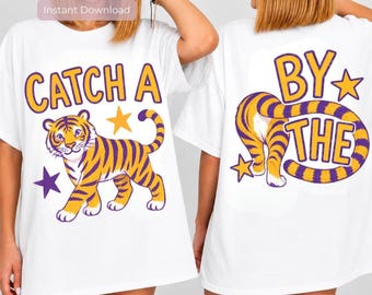 Purple & Gold Catch a Tiger PNG, Tiger Sublimation Design, Retro Shirt Design, Football Design, Distressed Png, Preppy Png, Digital Download