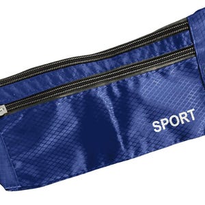 May include: A navy blue fanny pack with two zippered compartments and a silver clasp. The word "SPORT" is printed in white on the front. The bag has a diamond pattern.