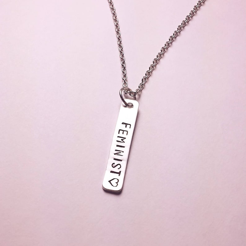 Feminist hand stamped bar necklace in silver equality jewelry christmas gift for her feminism jewelry