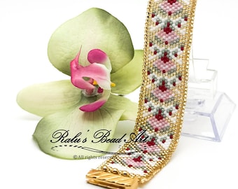 Pink Ribbons Peyote Bracelet Pattern, Geometric Beaded Design (Digital Download)