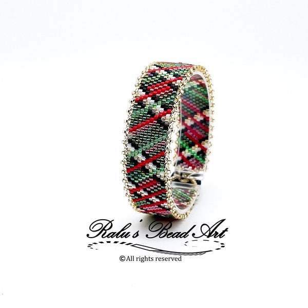 CHRISTMAS TARTAN, Even count peyote pattern, red green gold holiday design (not a physical item), instant download
