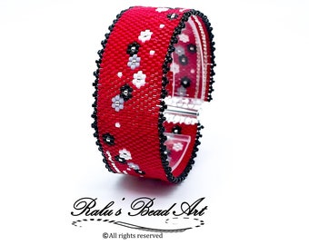 RUBY, tel zelfs peyote-steekpatroon, DIY rode bloemarmbandpatroon, (geen fysieke armband), direct downloaden