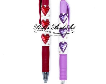 2 pen wraps, PEN WRAP 14, even count peyote pattern, red and purple hearts, not a physical item, instant download