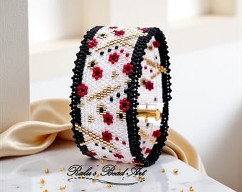 Patrón de pulsera de punto peyote "Paseo de amapolas" (descarga digital)