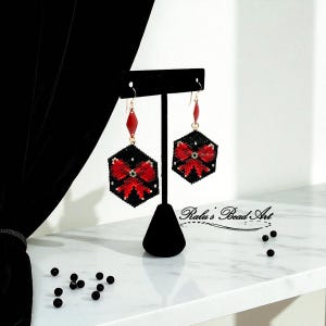 Brick Stitch Bow Earrings Pattern: Red & Gold Miyuki Beads (Digital Download)