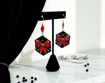 Brick Stitch Bow Earrings Pattern: Red & Gold Miyuki Beads (Digital Download)