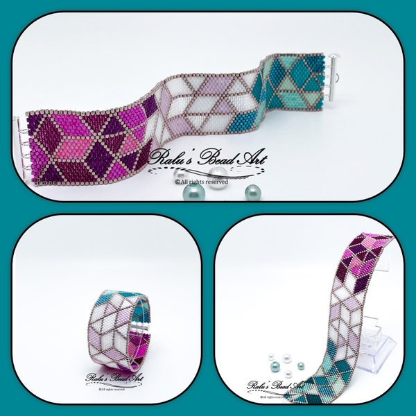STAINED GLASS, Even count peyote pattern, DIY teal purple pink bracelet, (not a physical bracelet), instant download