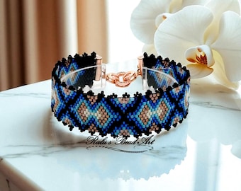 AFTER PARTY-odd count peyote pattern, gold blue black bracelet, digital download