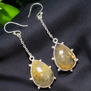 Golden Rutile Jewelry, Stunning Sterling Silver Dangle Earring, Ideal Gift for Her on Special Occasions