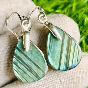 Boucle d'oreille en forme de larme multi labradorite pour elle, boucle d'oreille en argent 925 faite main de 4 cm de long, boucle d'oreille avec pierre de naissance, cadeau d'anniversaire