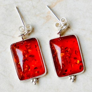 Poland Amber cabochon Earring, Orange Gemstone Earring, Sterling Silver Screw Back Earring, Bezel Earring 3 CM long''
