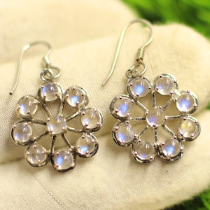Blue Fire Rainbow Moonstone Earrings | 925 Sterling Silver Round Dangle Earrings for Her 5 CM