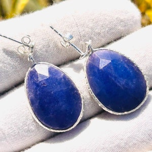 Blue Sapphire Quartz Screw Back Earring, 925 Silver Bezel Earring, Handmade Earring, Birthstone Earring 4 CM long''