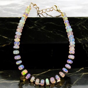 Ethiopian Opal & Black Spinel Beaded Bracelet: Rainbow Fire Rondelle, 8"
