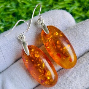 Amber cabochon Earring, Sterling Silver Earring, Birthstone Earring, Handmade Jewelry, Dangle Drop Earring 6 Cm long''