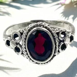 Minimalist Garnet Ring: 925 Sterling Silver Band, Dainty Jewelry