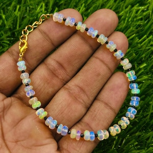 Ethiopian Opal Bracelet: Rondelle Spinel Beads, October Birthstone, 8"