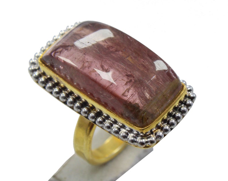 70/% OFF 12.00 gram Natural Pink Tourmaline ring size 5 us tourmaline 92.5 sterling silver with 10 k gold polished ring stone 12x23mm