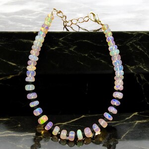 Ethiopian Opal & Black Spinel Beaded Bracelet: Rainbow Fire Rondelle, 8"
