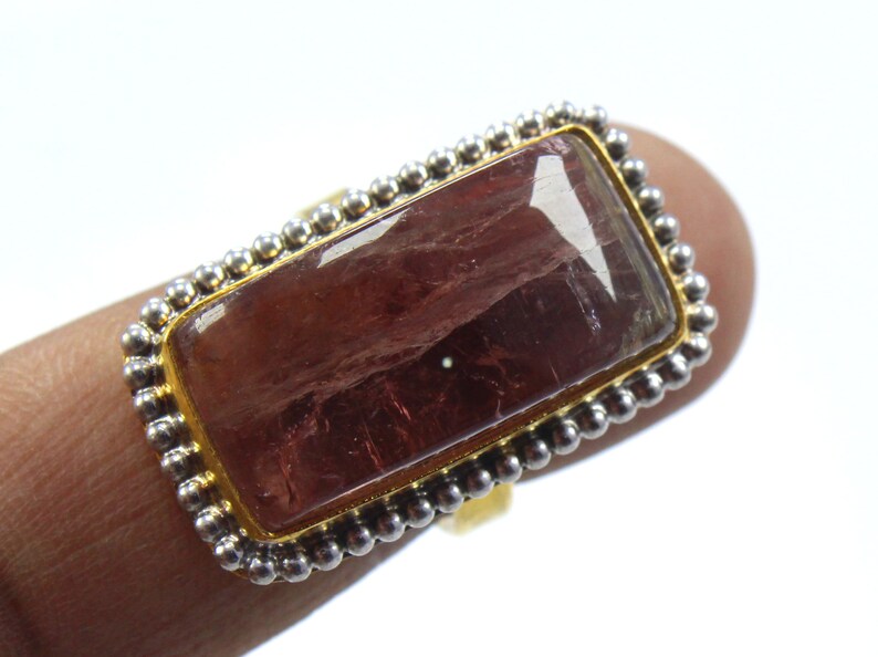 70/% OFF 12.00 gram Natural Pink Tourmaline ring size 5 us tourmaline 92.5 sterling silver with 10 k gold polished ring stone 12x23mm