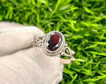 Minimalist Red Garnet Ring | Sterling Silver Handmade Birthstone Jewelry for Her | Dainty Everyday Ring