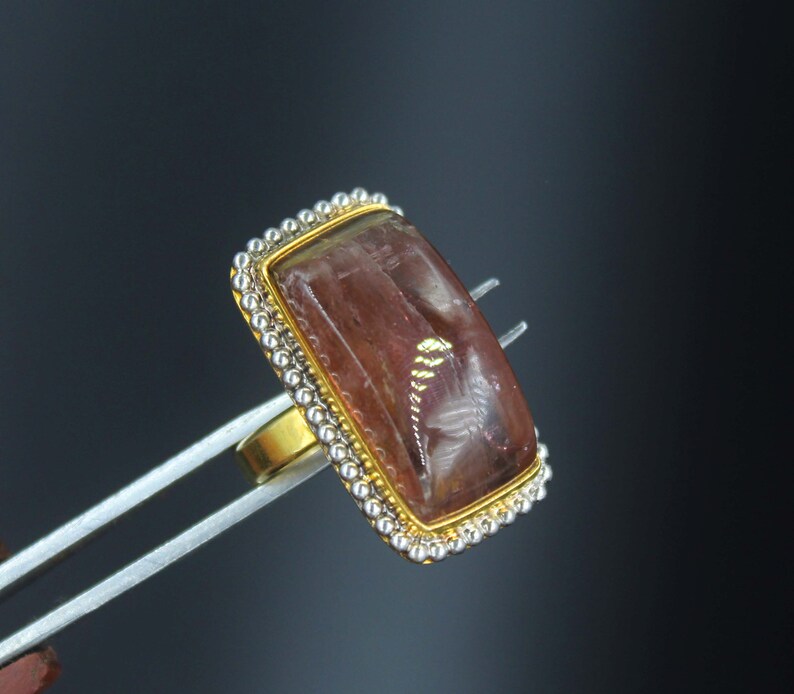 70/% OFF 12.00 gram Natural Pink Tourmaline ring size 5 us tourmaline 92.5 sterling silver with 10 k gold polished ring stone 12x23mm