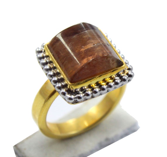 70/% OFF 12.00 gram Natural Pink Tourmaline ring size 5 us tourmaline 92.5 sterling silver with 10 k gold polished ring stone 12x23mm