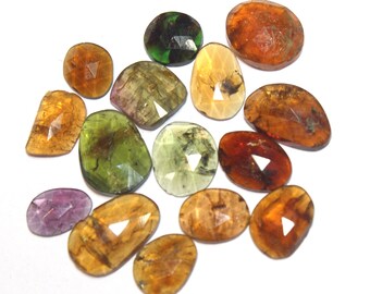 Multicolor Tourmaline Flat Back Gemstone 15 Pieces Lot, 8X12 mm Rose Cut Stone