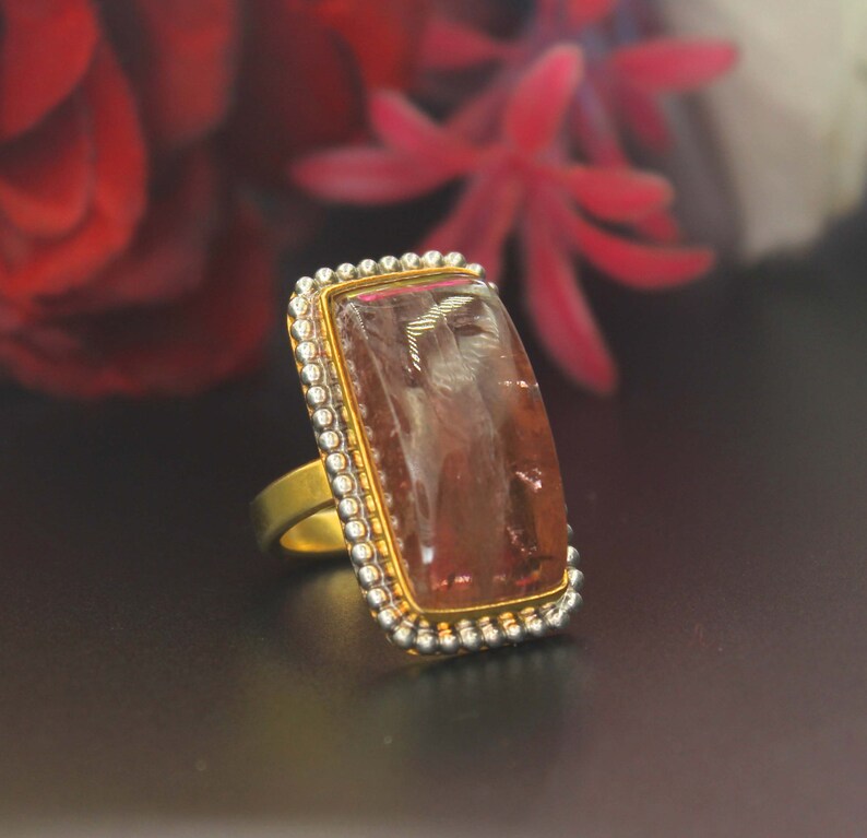 70/% OFF 12.00 gram Natural Pink Tourmaline ring size 5 us tourmaline 92.5 sterling silver with 10 k gold polished ring stone 12x23mm