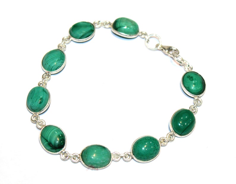 70/% Off ! 12.38 Gram Natural Malachite 8x10mm gemstone Bracelet 92.5 Sterling Silver Malachite Bracelet 8 inch long