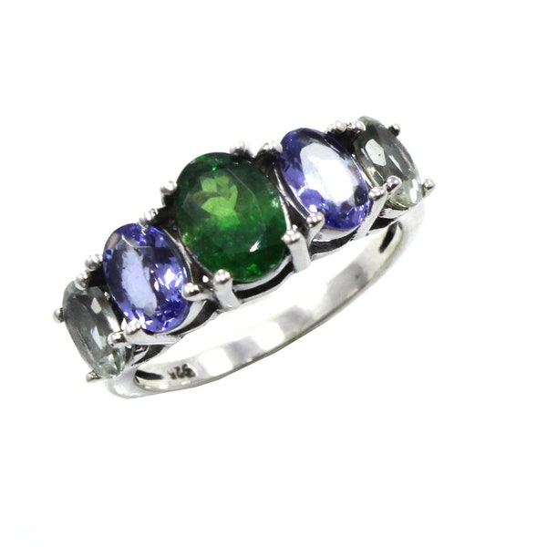 50% OFF Tsavorite,Green Amethyst And Tanzanite Prong Setting Ring Size 7.5 US Multi Stone 925 Sterling Silver Ring Stone 4x6x8mm