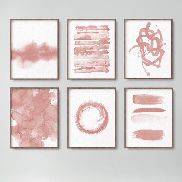 Ensemble de 6 estampes d’aquarelle rose blush - art abstrait moderne de mur de galerie - décor scandinave minimal d’or rose - grandes peintures imprimables