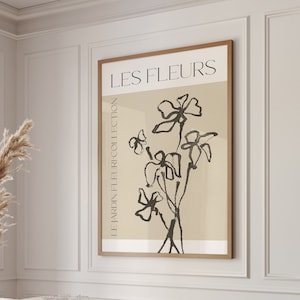 Beige and Black Flower Line Art - French aesthetic exhibition poster - printable watercolor botanical art - neutral floral print - boho chic