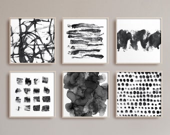 Set of 6 Black and White Watercolor Square Prints - abstract minimalist art - modern Scandinavian wall decor - large downloadable posters