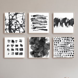 Set of 6 Black and White Watercolor Square Prints - abstract minimalist art - modern Scandinavian wall decor - large downloadable posters