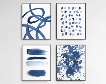Set of 4 Navy Blue Abstract Watercolor Prints - indigo blue brushstroke art - nordic decor - gallery wall art - large printable paintings
