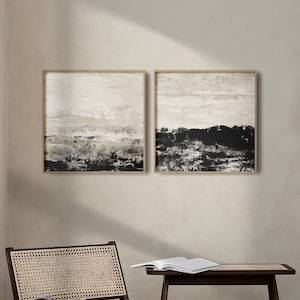 Set of 2 Abstract Landscape Paintings - black and beige square print set - Japandi minimalist wall decor - large printable wall art
