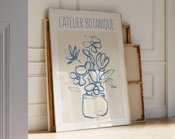 Blue and Neutral Floral Line Art - French aesthetic exhibition poster - flowers in a vase drawing print - bohemian printable botanical art