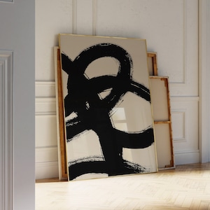 Schwarz und Beige Pinselstriche Wandkunst - Moderne neutrale Kunstdruck - abstrakte minimalistische Tusche Zeichnung - großes herunterladbares Poster