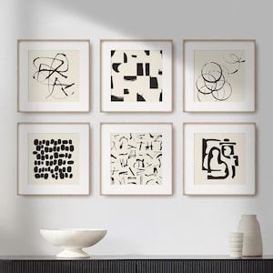Abstrakte Gallerie Wand Kunst 6er Set quadratischen Kunstdrucken - Japandi minimalistisches Wanddekor - schwarz- und cremefarbene Grafik - 6-teilige Wandkunst
